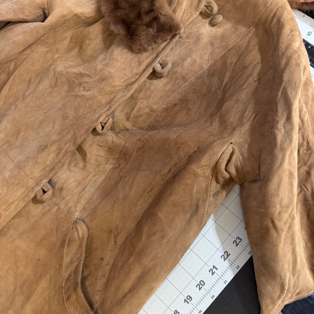 Vintage Brown Suede Coat with Dark Mink Fur Collar XS–S - Picture 12 of 16